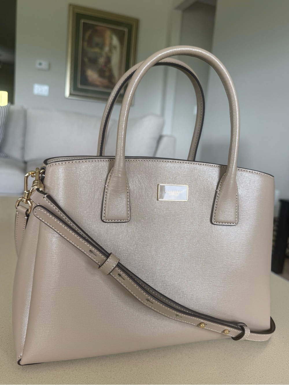 Kate Spade Serena Saffiano Leather Satchel Bag Neutral Tan Parchment Crossbody - Picture 2 of 10